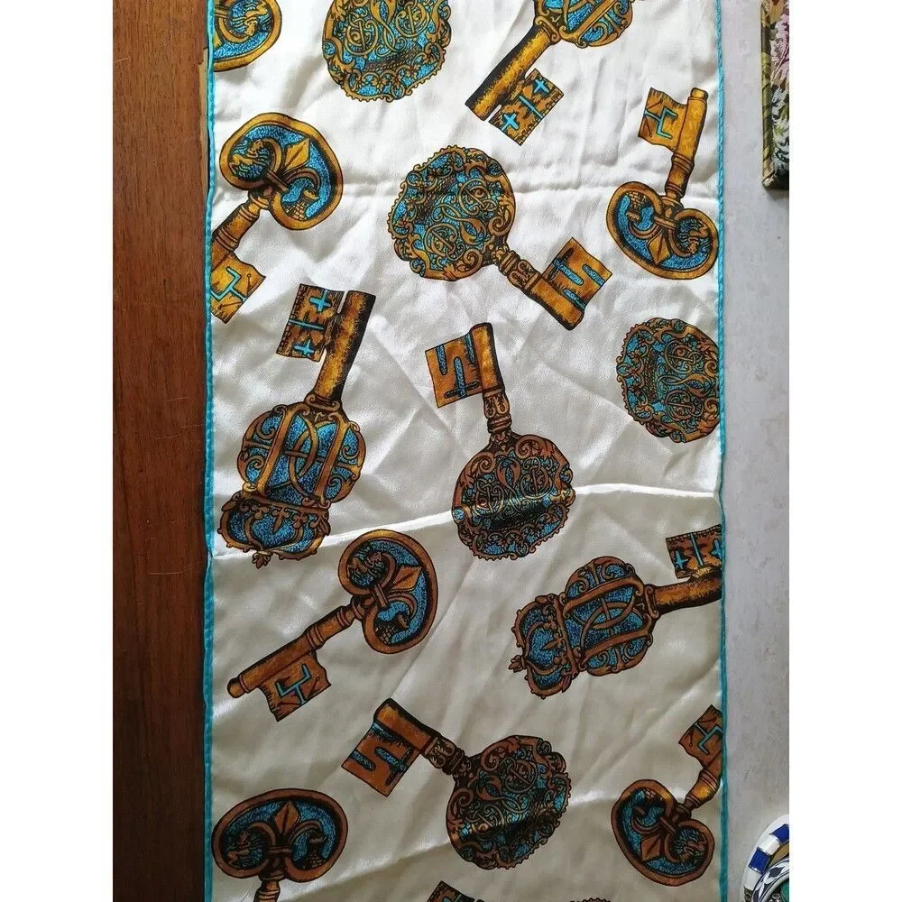 Anne Klein for Vera Co. Scarf Blue Brown Keys Silk Rectangle 51x11 Japan